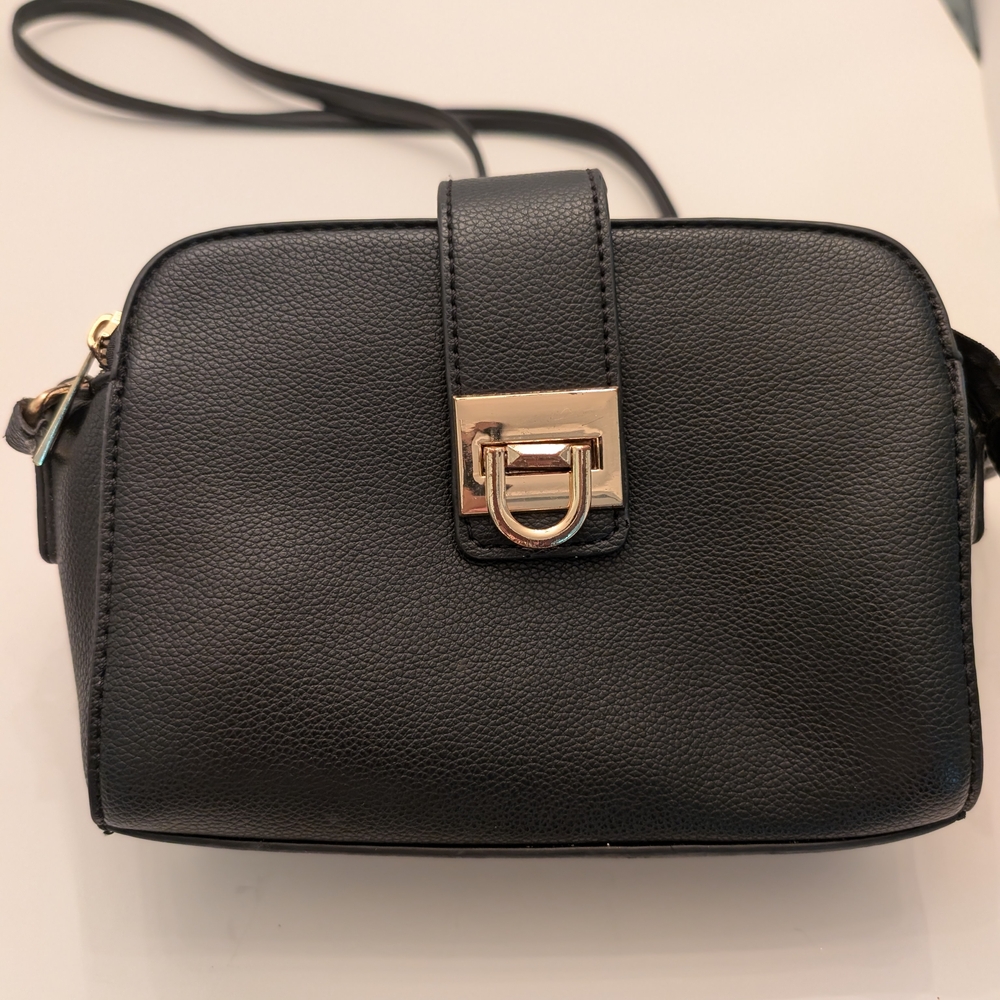 Sleek Black Leather Like Crossbody Bag with Silver Push-Lock